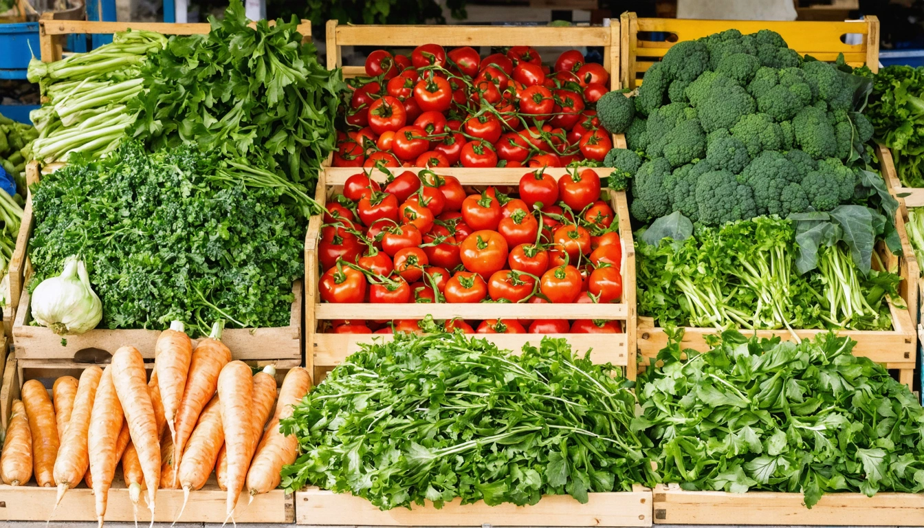 Rows of seasonal vegetables and produce at an outdoor UK market stall on a bright morning