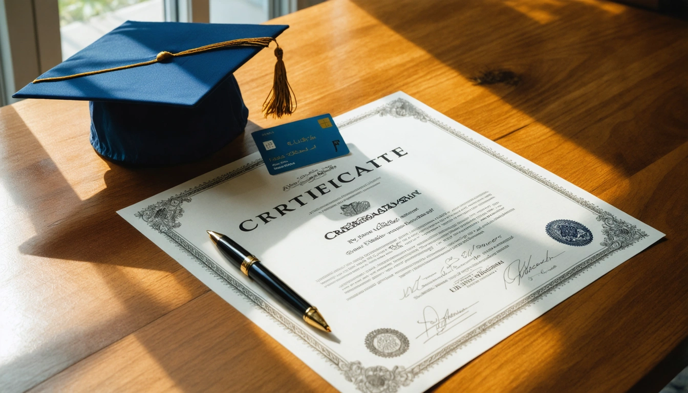 A graduation certificate on a desk next to a UK travel document and a pen