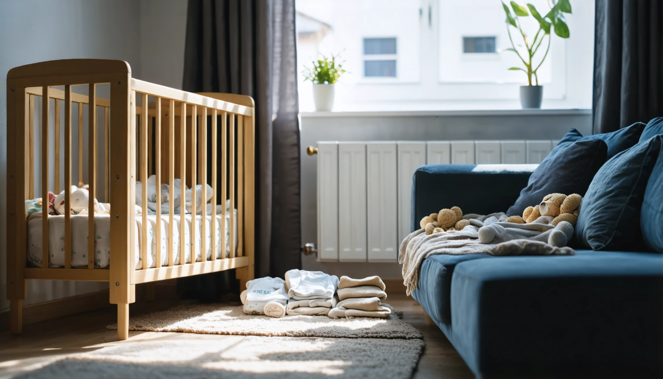 A soft-lit domestic scene suggesting a new parent at home