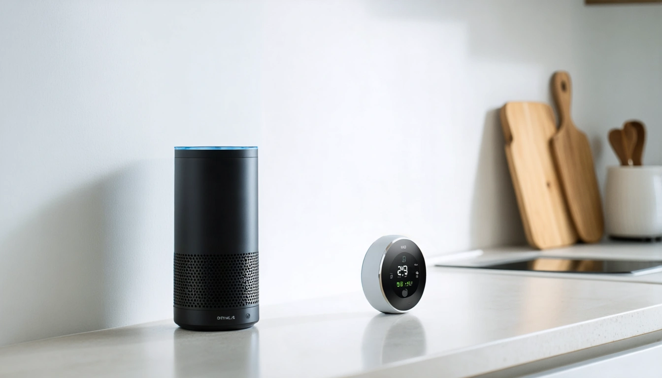 A smart speaker and a wireless thermostat on a clean kitchen counter