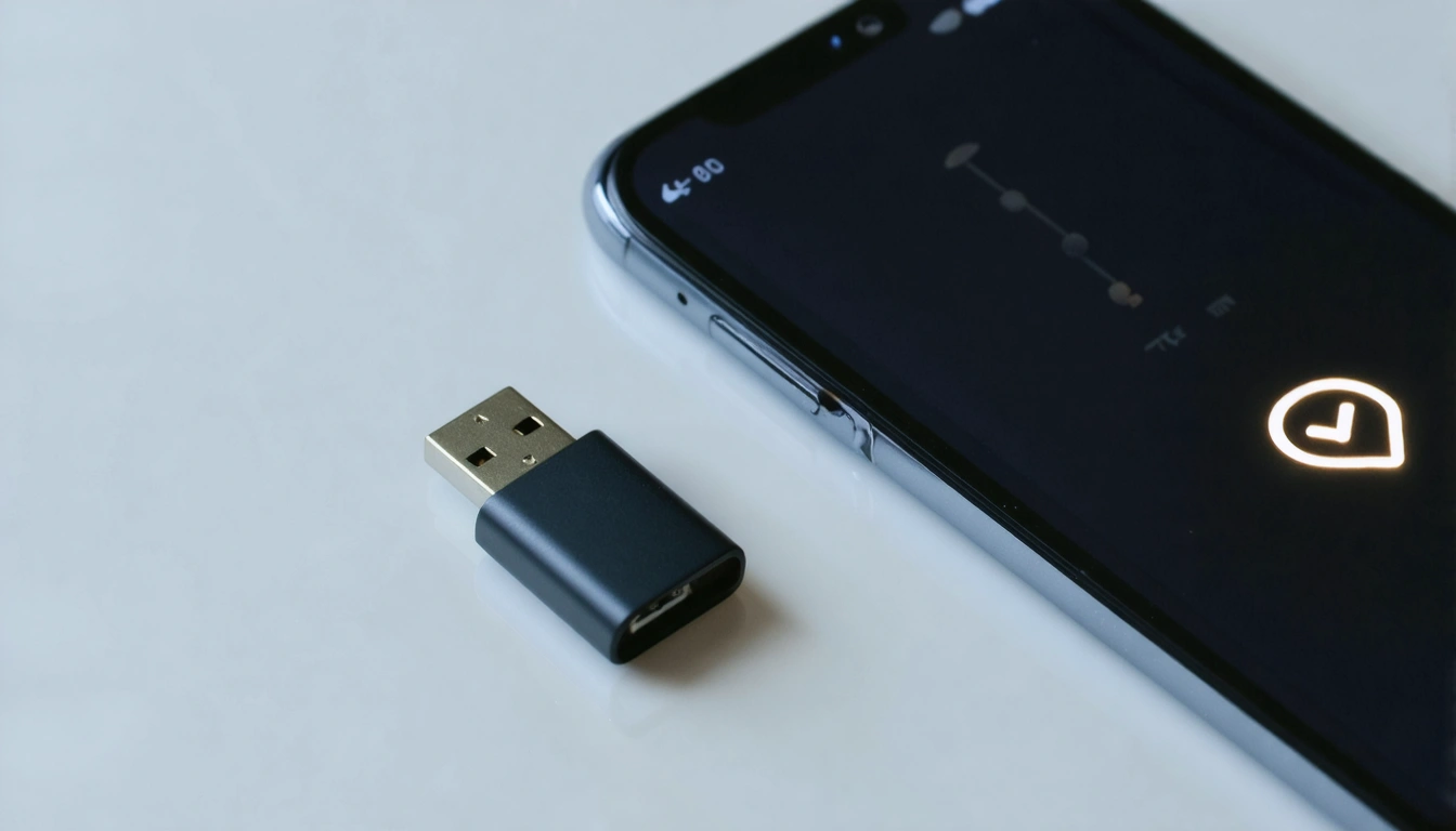 A physical security key on a neutral light-grey background with a phone showing a verification screen