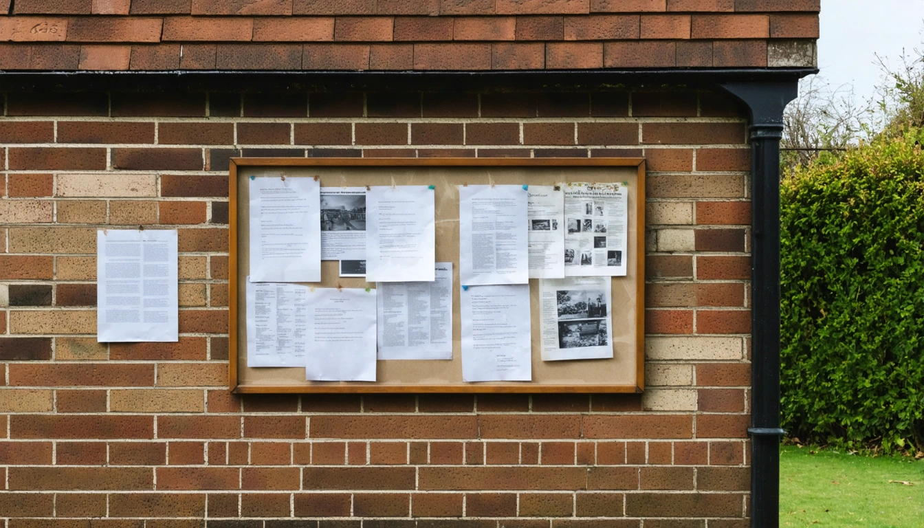 A community noticeboard outside a UK village hall on an overcast day